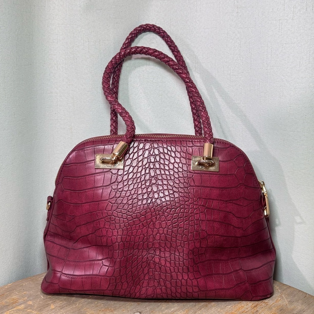 Bebe Burgundy Croc-Embossed Satchel Bag - Picture 2 of 6
